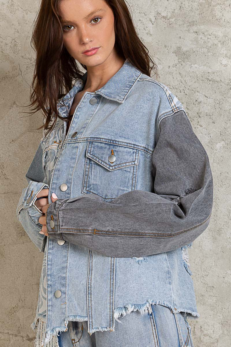 POL Oversize Contrast Marbling Pattern Relaxed Fit Denim Jacket