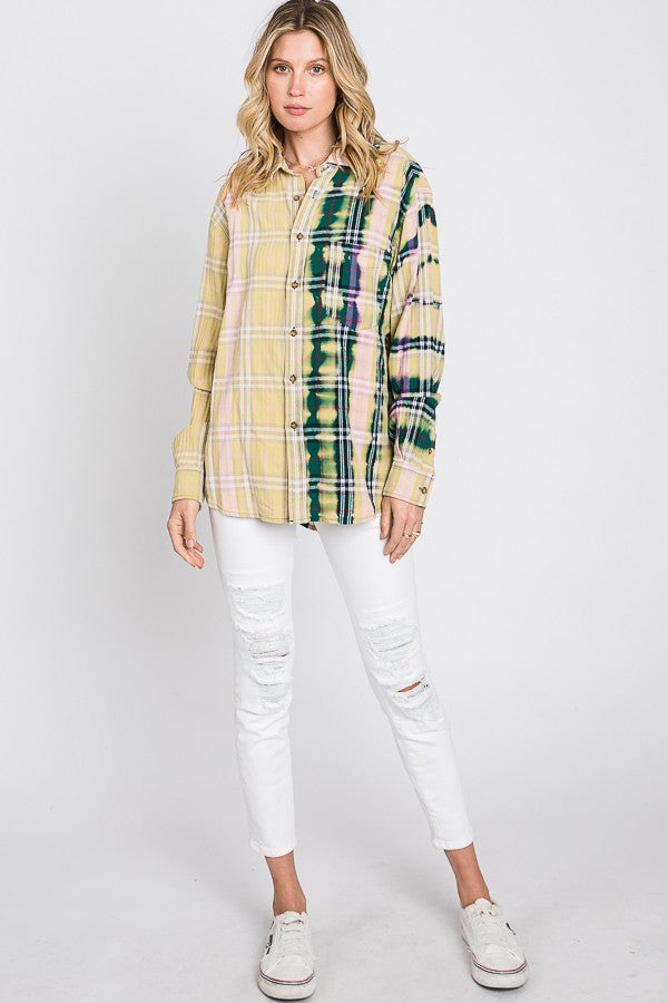 Oli & Hali Bleached Detail Front Pocket Plaids Top