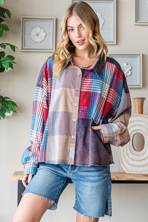 Oli & Hali Washed Plaid Mix Shirt Top