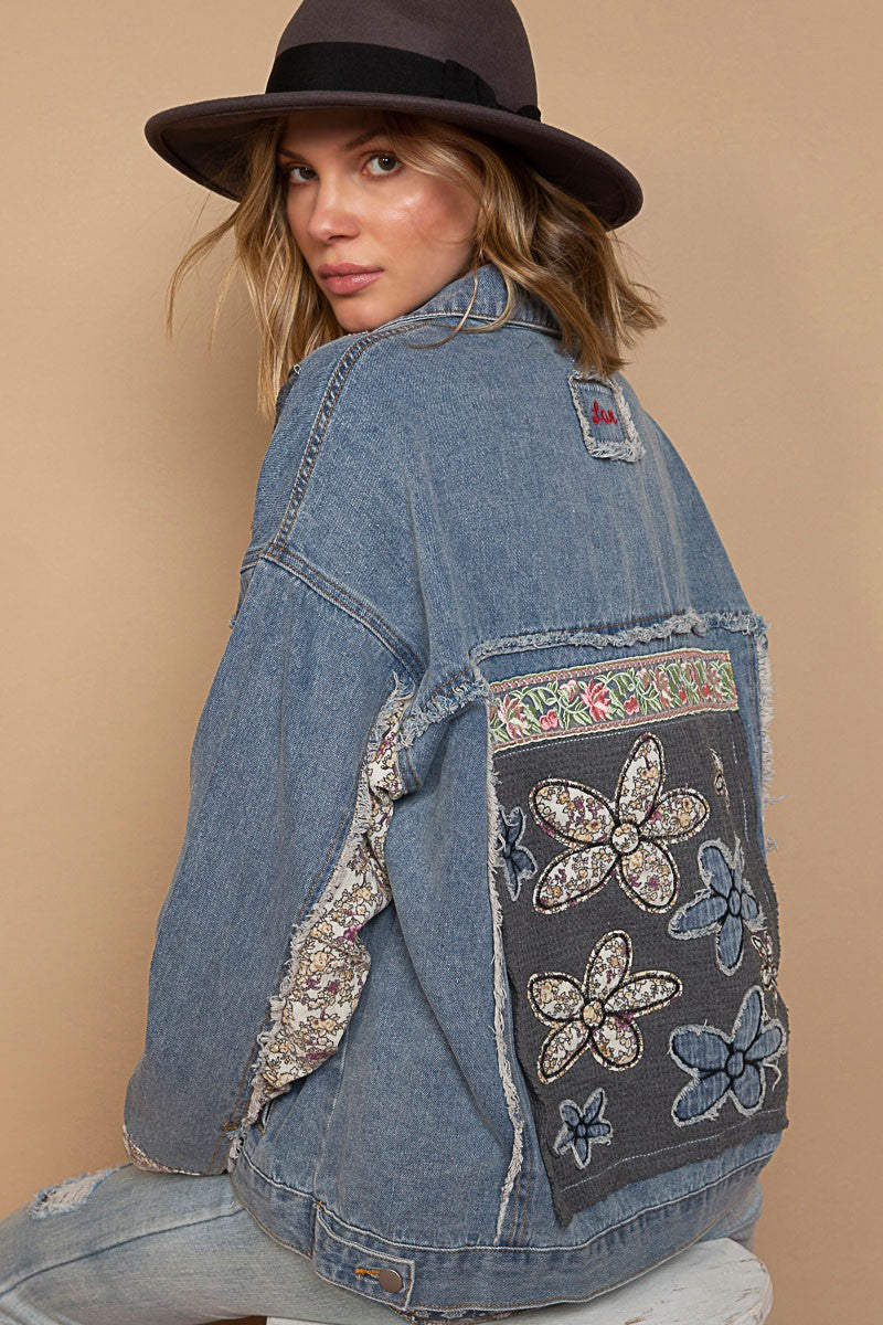 POL Lace Floral Patch Work Button Down Collared Denim Jacket - Roulhac Fashion Boutique