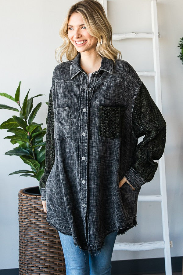 Oli & Hali Mineral Washed Mixed Lace Shirts Jacket