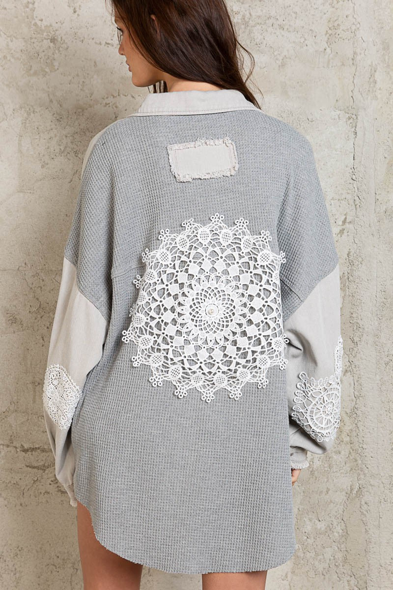 POL Lace Patch Contrast Fabric Button Down Contrast Fabric Shacket