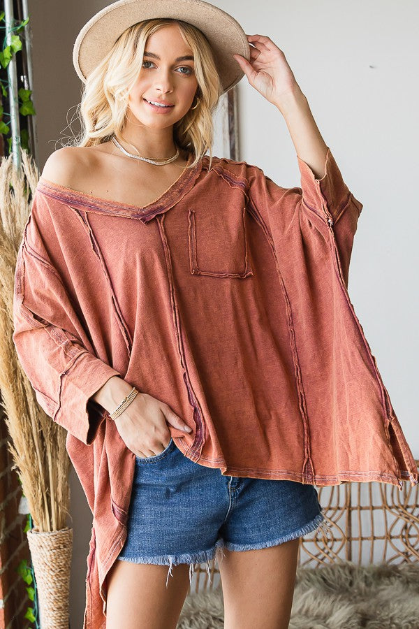 Oli & Hali V Neck Oversized Mineral Washing Top