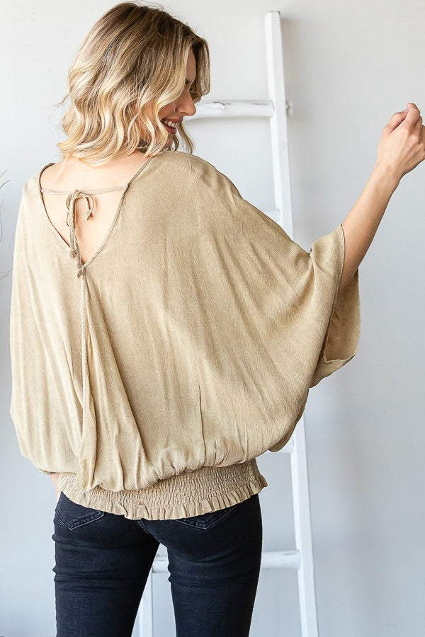 Oli & Hali Mineral Washed Cirsscross Smocked Waist Band Top