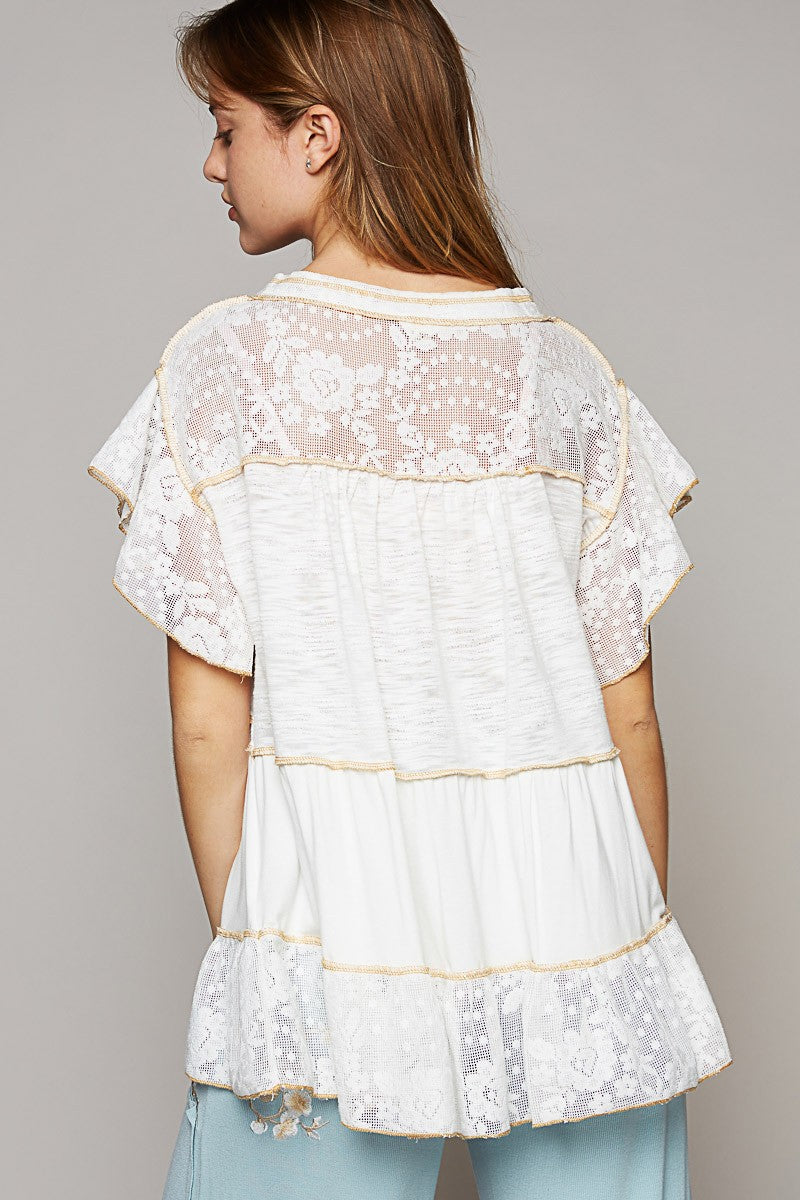 POL Scoop Neck Ruffle Sleeve Crochet Lace Solid Top