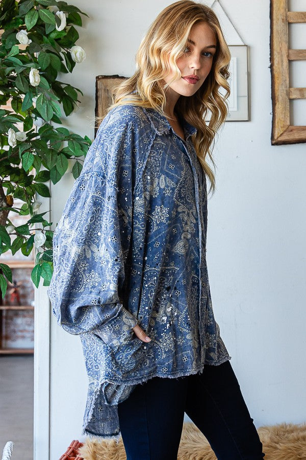 Oli & Hali Scarf Print Button Front Shirt Top