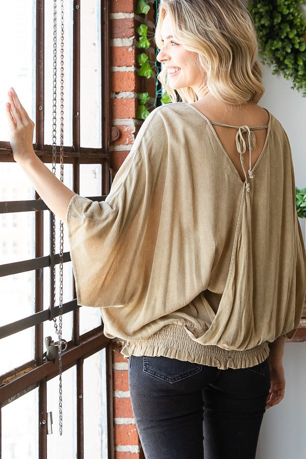 Oli & Hali Mineral Washed Cirsscross Smocked Waist Band Top