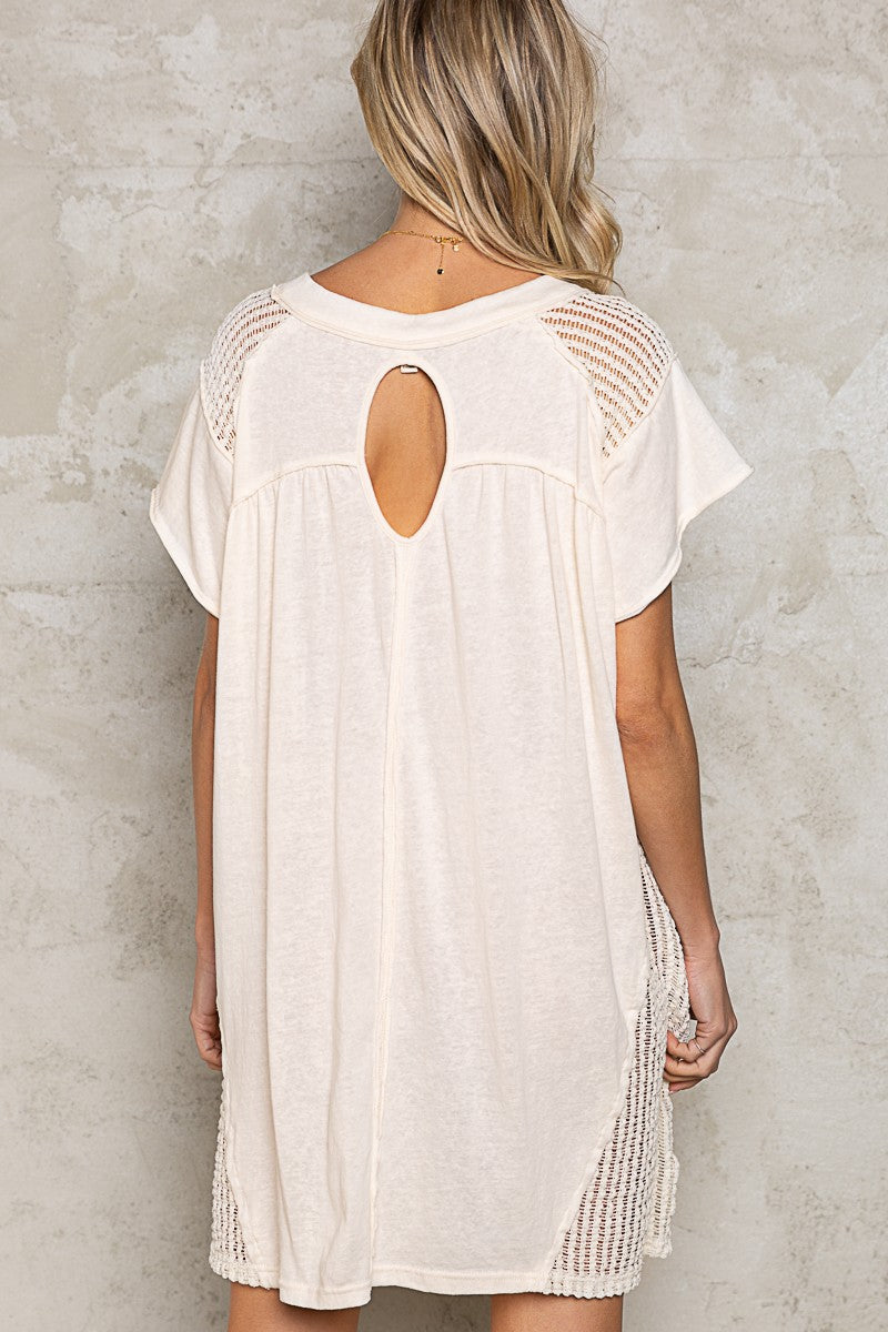 POL Short Sleeve Round Neck Long Shirt Back Eyelet Knit Dress Top - Roulhac Fashion Boutique