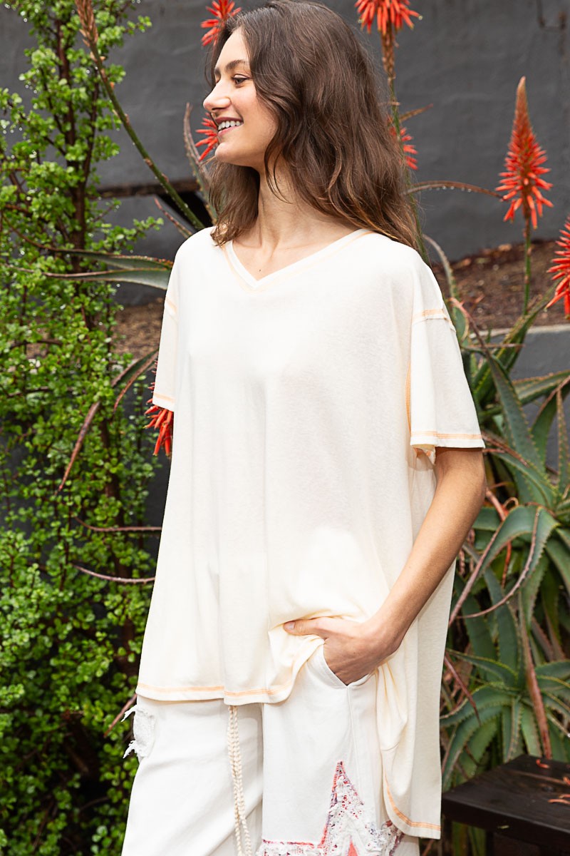 POL Vintage Washing Oversize V-Neck Solid Hi-Low Basic Top