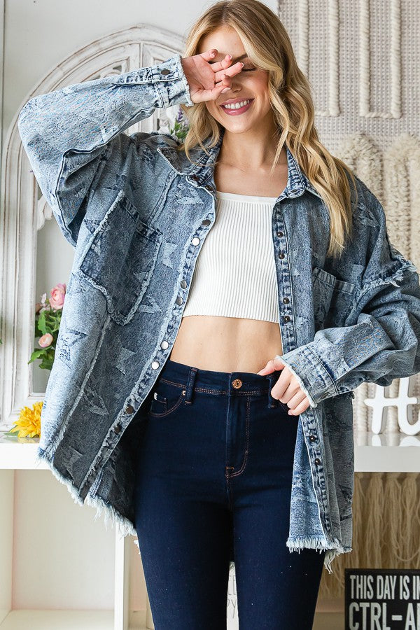Oli & Hali Star Texture Denim Washed Oversize Shirts Jacket