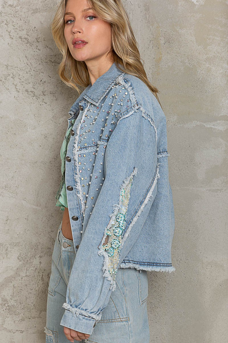 POL Oversize Embellished Pearl Stone Beaded Relaxed Fit Shacket - Roulhac Fashion Boutique