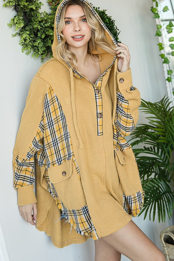 Oli & Hali Mineral Washed Plaid Contrast Waffle Hoodie Jacket