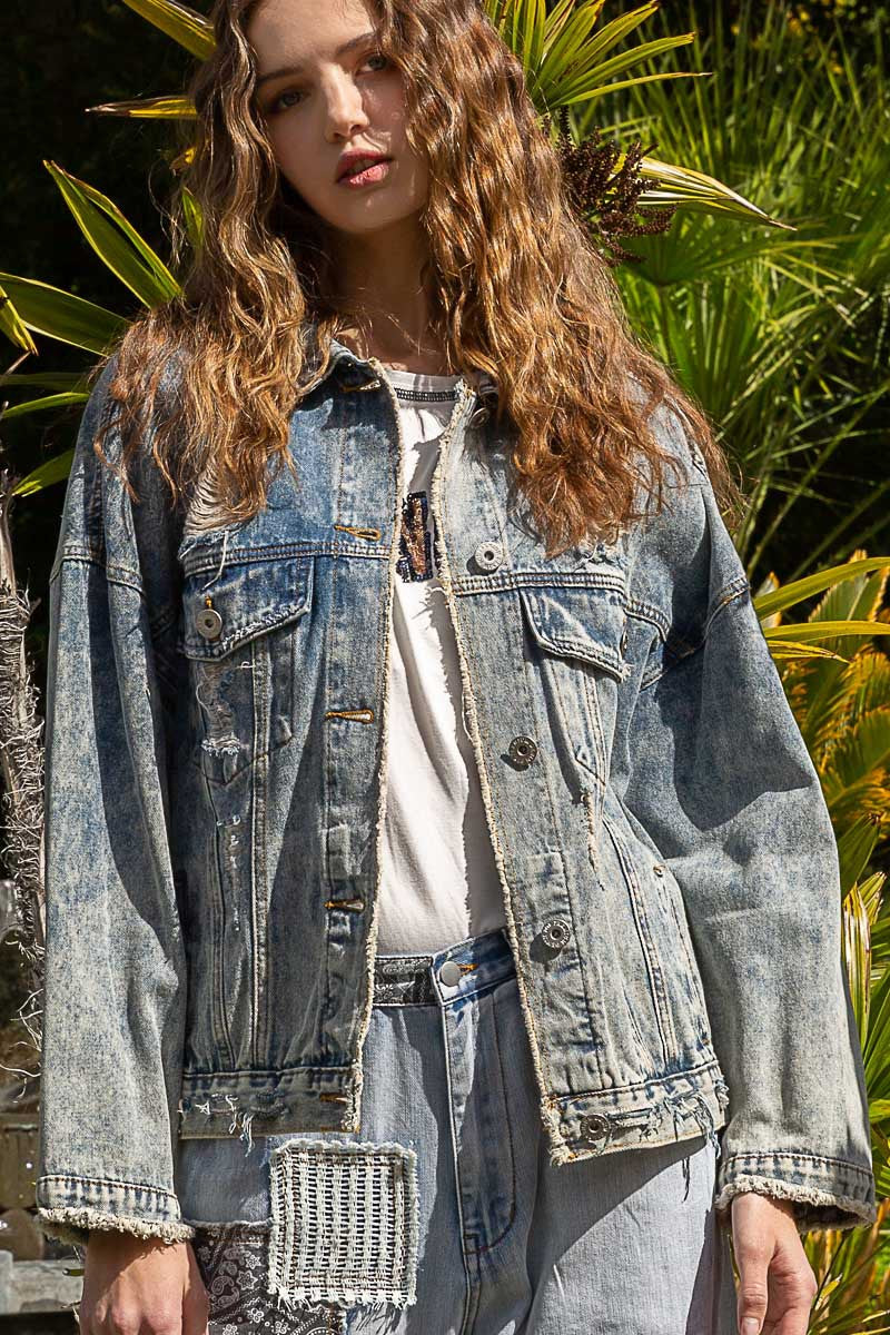 POL Oversized Distressed Denim Relaxed Fit Flap Pocket Jacket