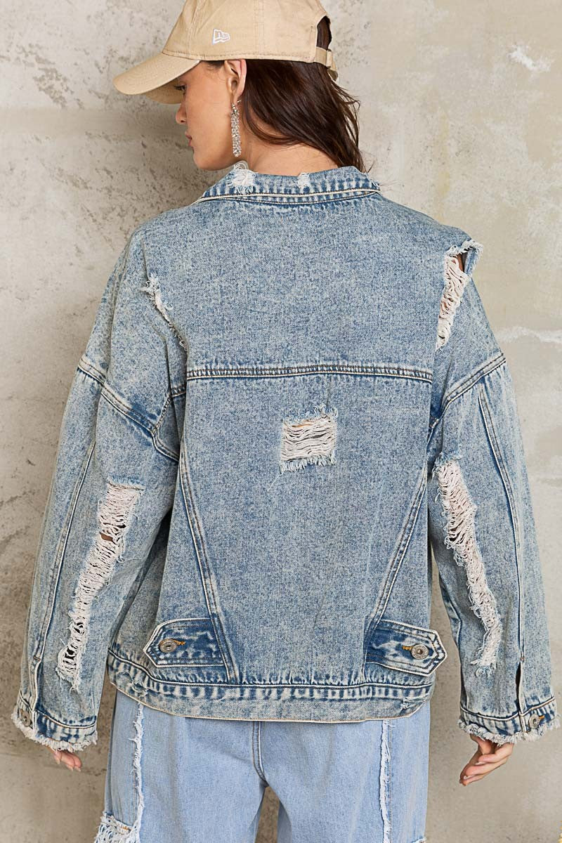 POL Oversized Distressed Denim Relaxed Fit Flap Pocket Jacket
