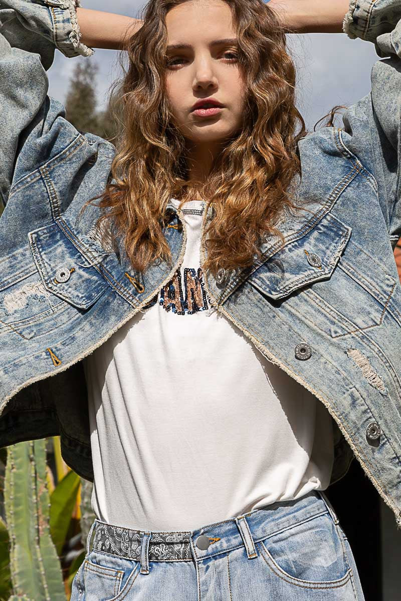 POL Oversized Distressed Denim Relaxed Fit Flap Pocket Jacket