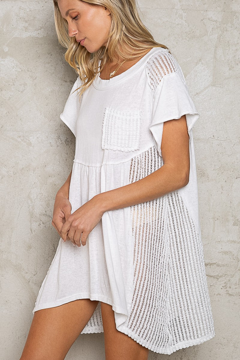 POL Short Sleeve Round Neck Long Shirt Back Eyelet Knit Dress Top