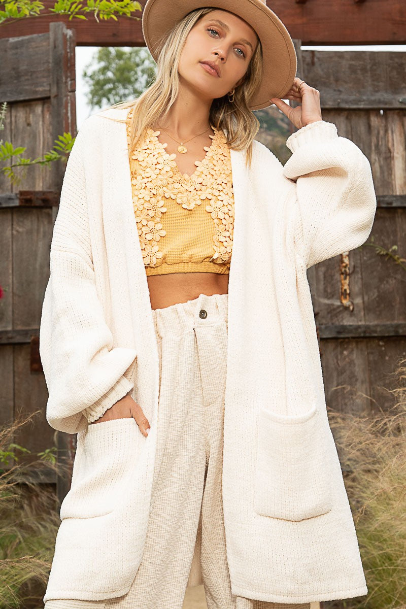 POL Open Front Rib Band Cuff Chenille Cardigan Sweater Top