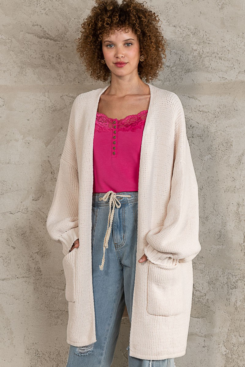 POL Open Front Rib Band Cuff Chenille Cardigan Sweater Top