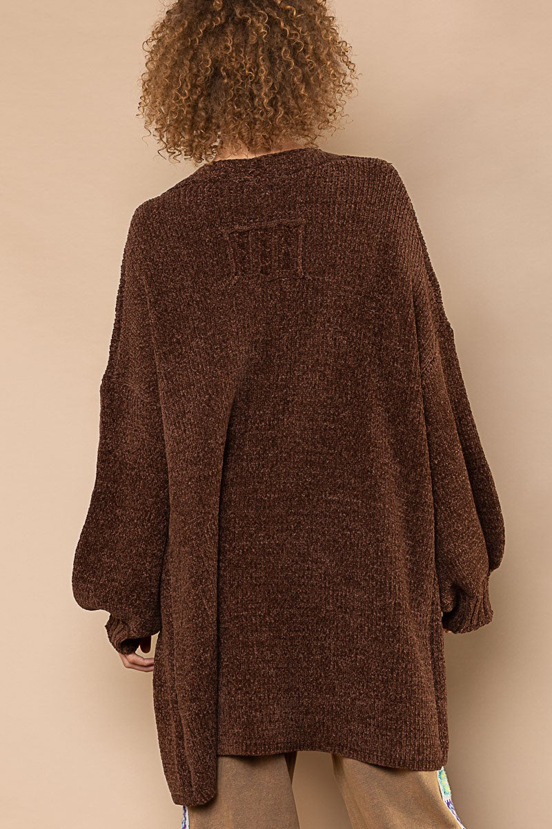 POL Open Front Rib Band Cuff Chenille Cardigan Sweater Top