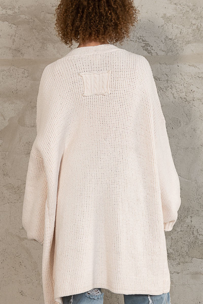 POL Open Front Rib Band Cuff Chenille Cardigan Sweater Top