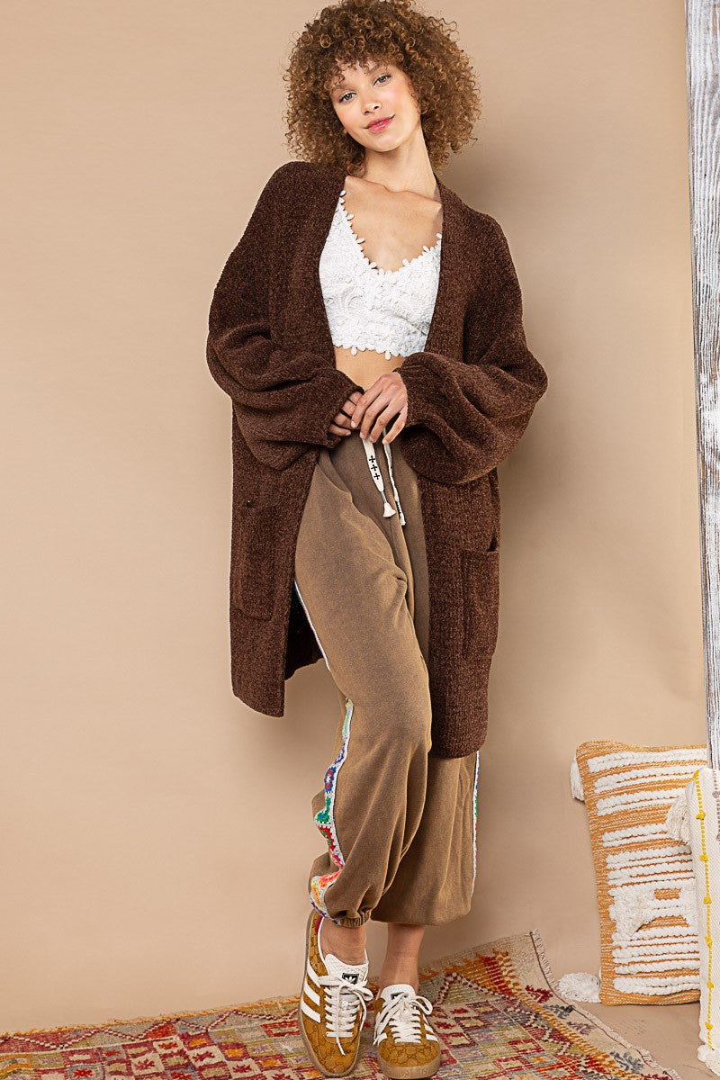 POL Open Front Rib Band Cuff Chenille Cardigan Sweater Top