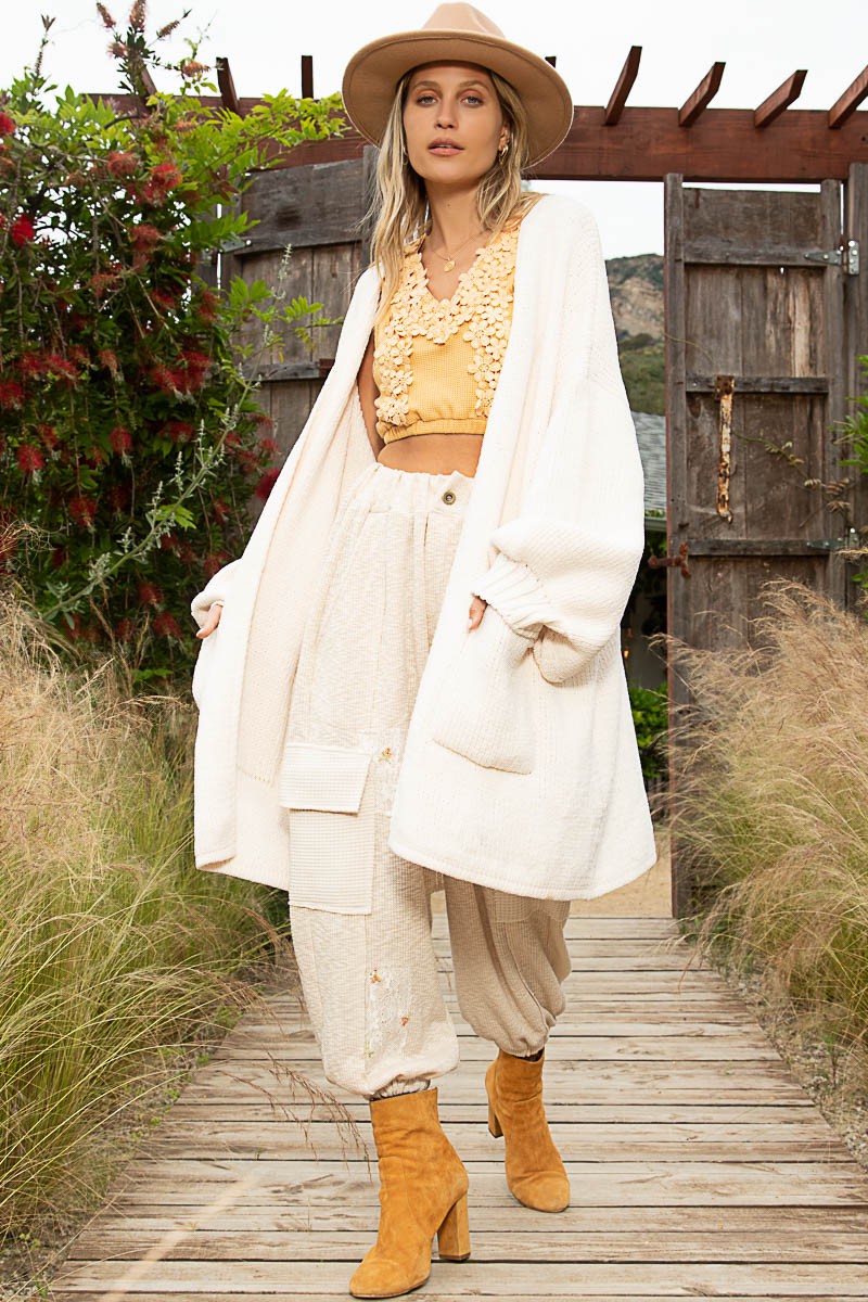 POL Open Front Rib Band Cuff Chenille Cardigan Sweater Top