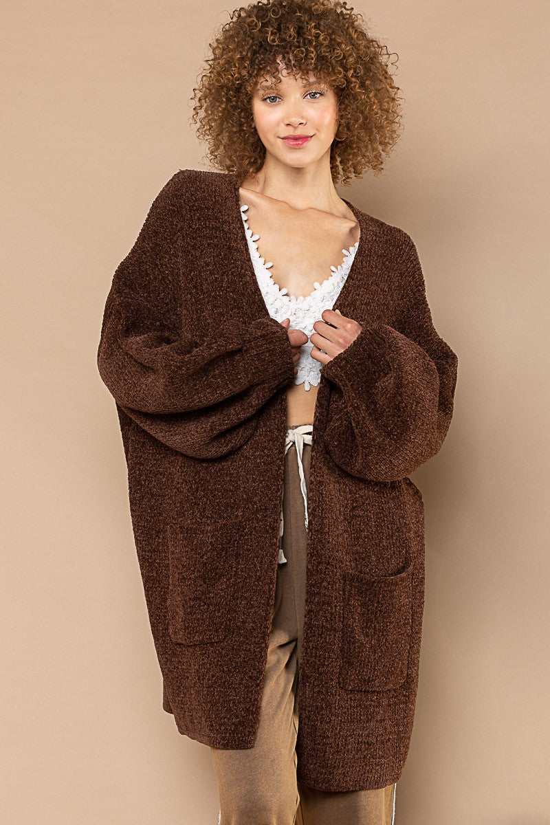 POL Open Front Rib Band Cuff Chenille Cardigan Sweater Top