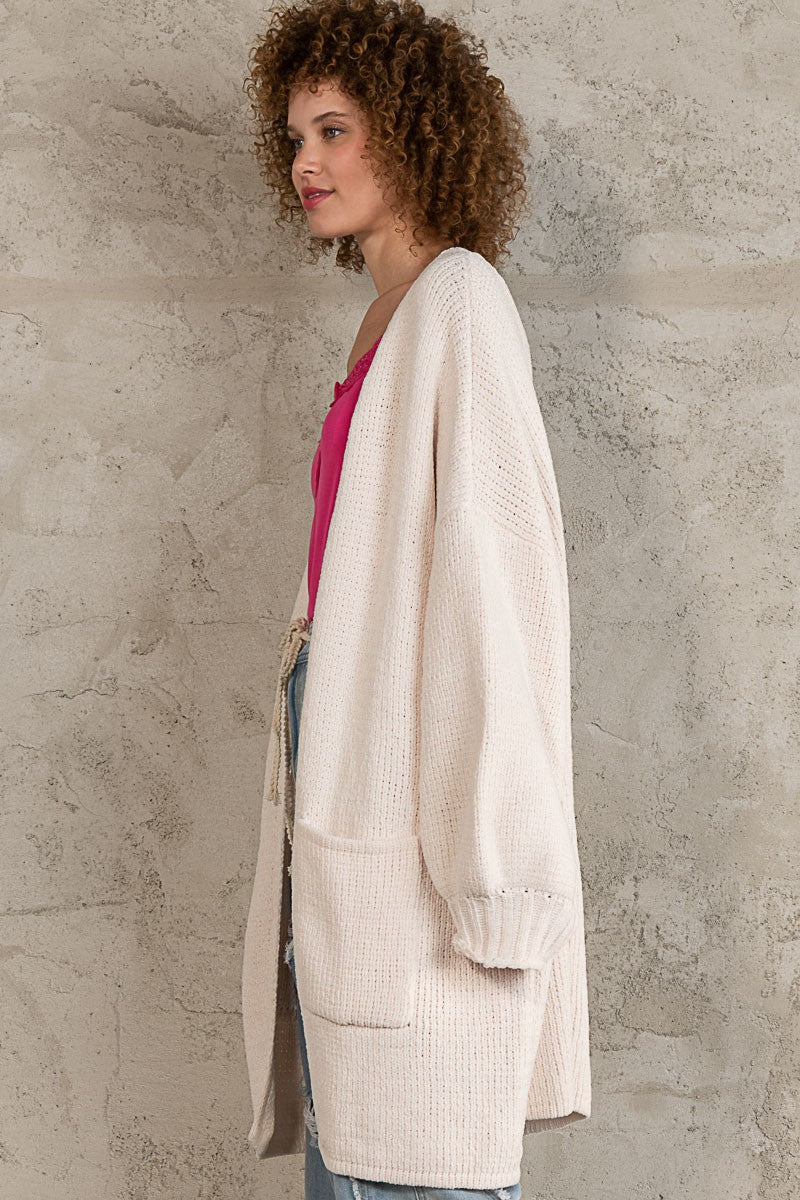 POL Open Front Rib Band Cuff Chenille Cardigan Sweater Top