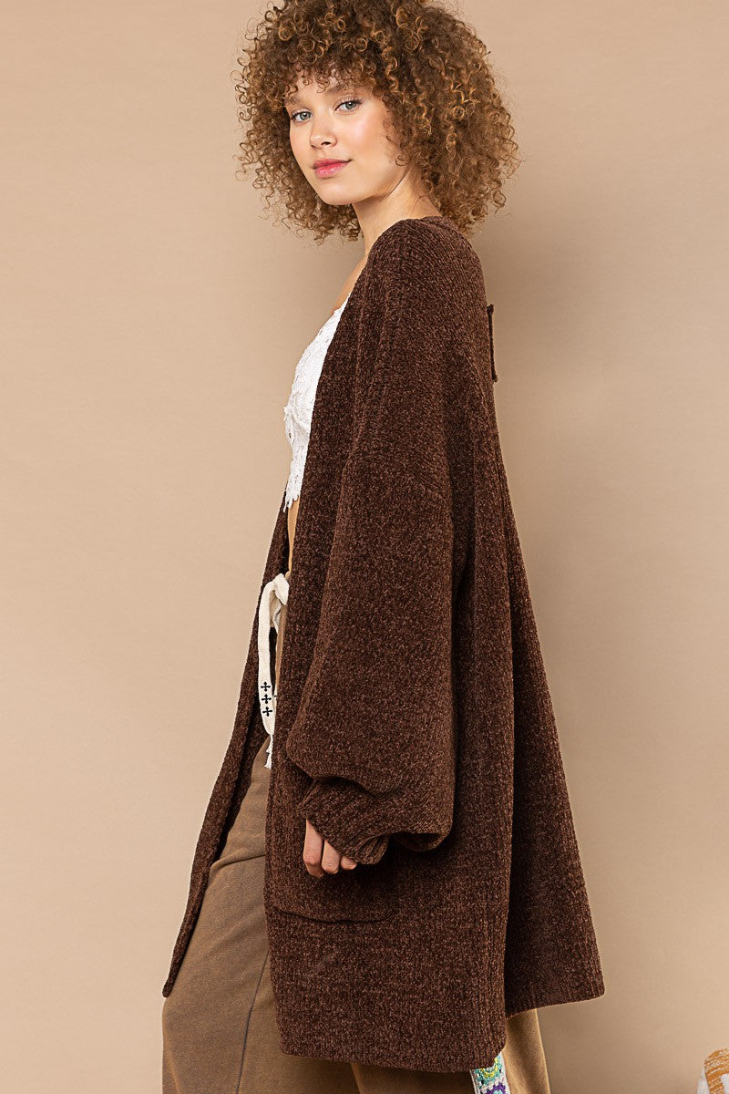 POL Open Front Rib Band Cuff Chenille Cardigan Sweater Top