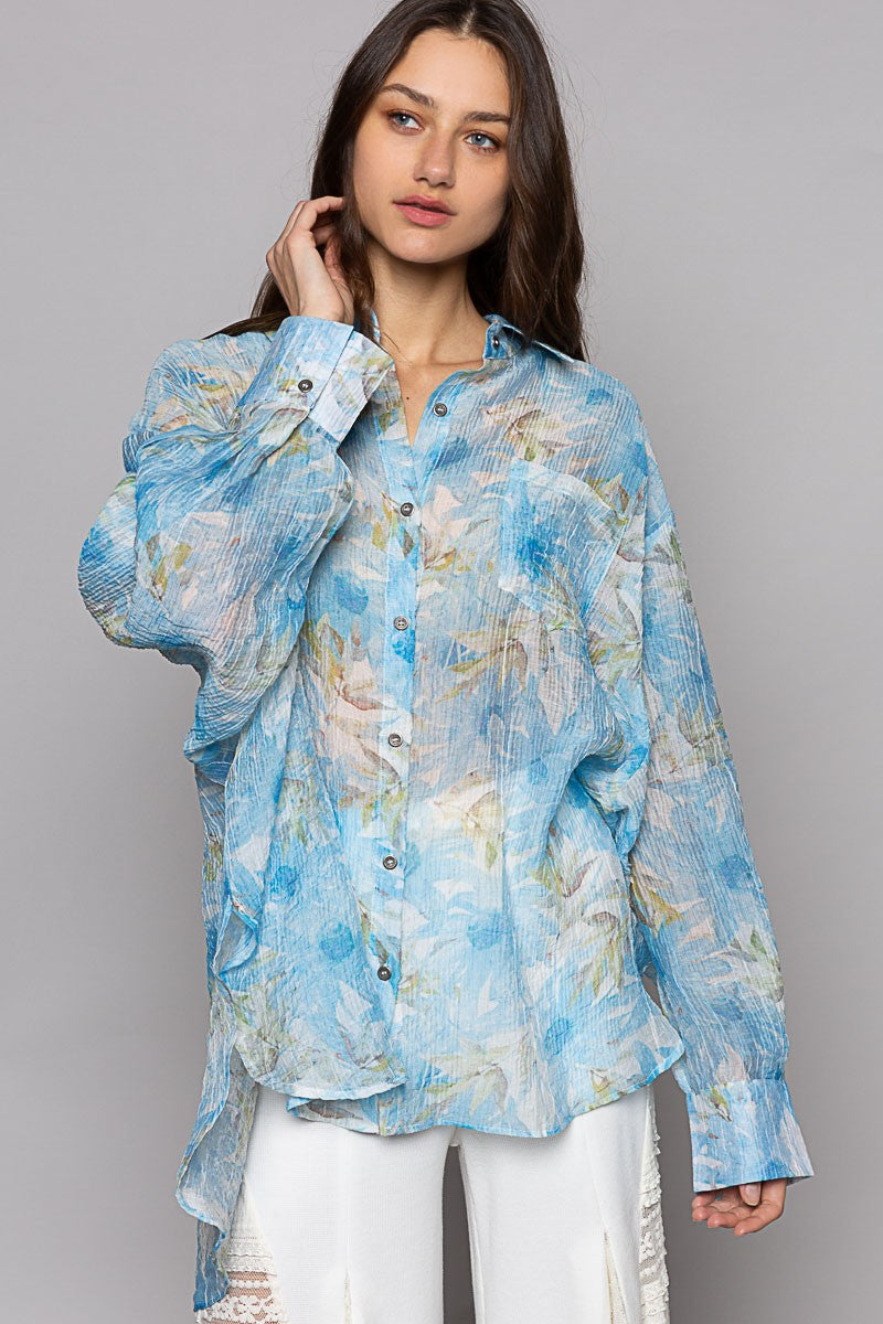 POL Floral Print Oversize Long Sleeve Button Down Top