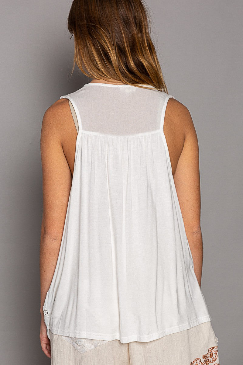 POL Sleeveless Floral Lace Crochet Detail V Neck Top