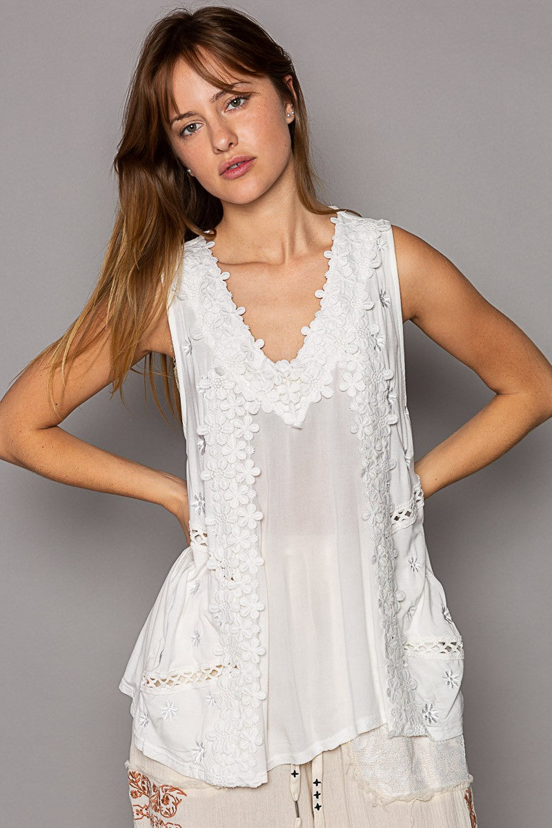 POL Sleeveless Floral Lace Crochet Detail V Neck Top