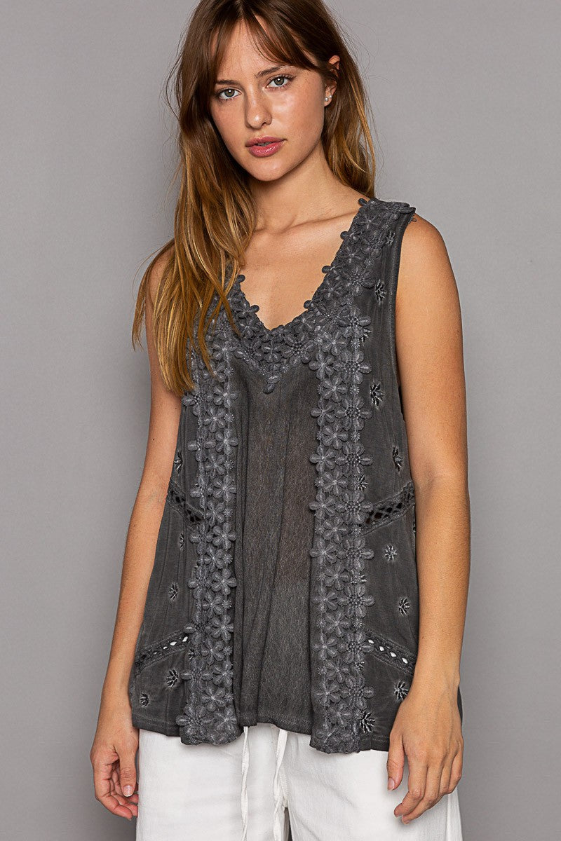 POL Sleeveless Floral Lace Crochet Detail V Neck Top
