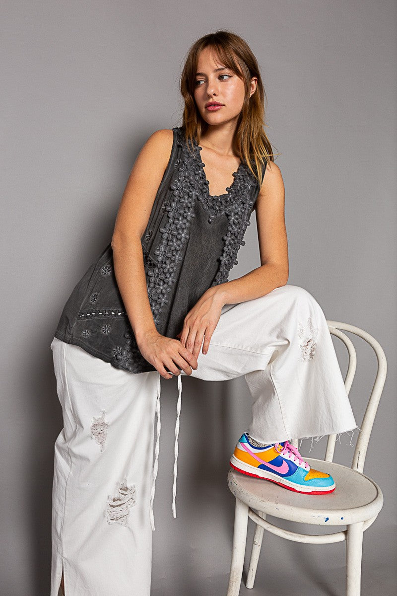 POL Sleeveless Floral Lace Crochet Detail V Neck Top