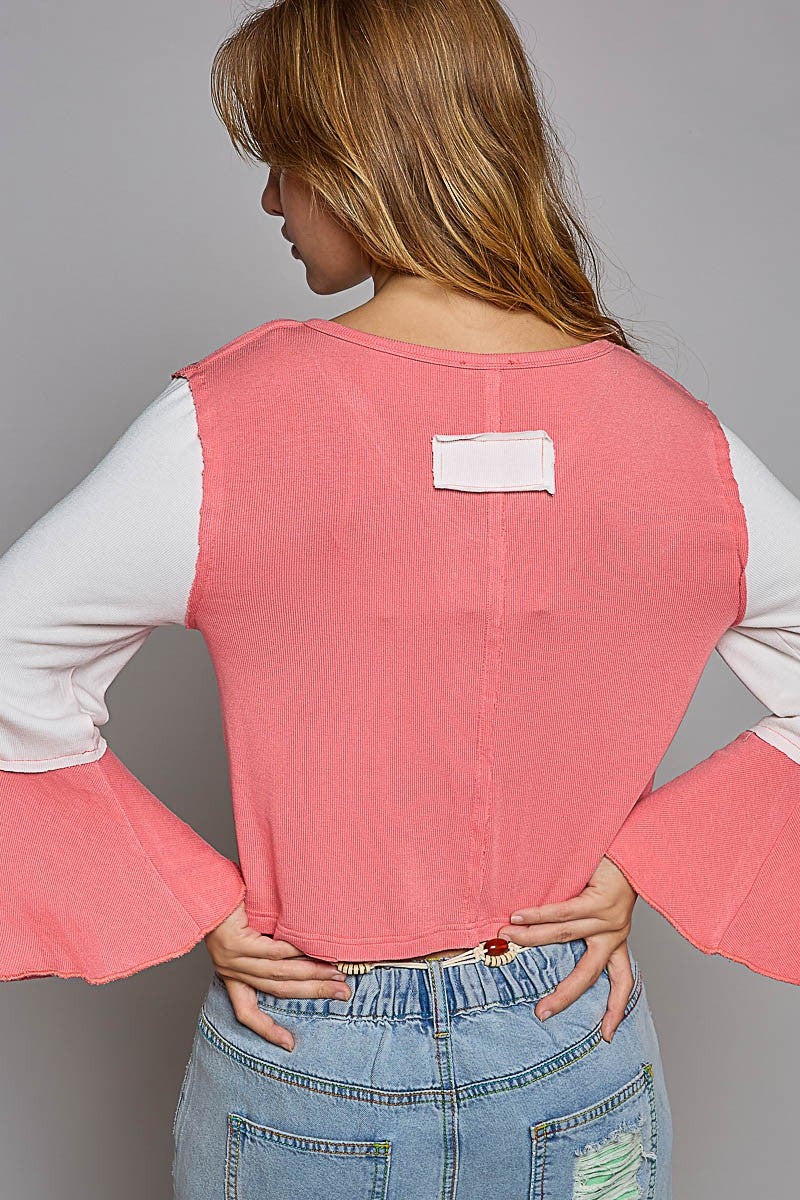 POL Vintage Washed Button Placket Edge Cut Knit Top