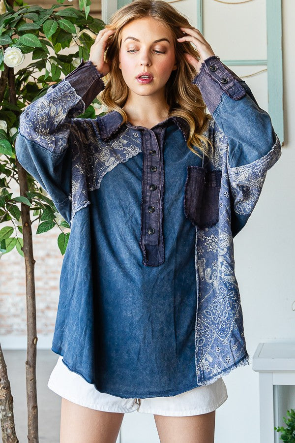 Oli & Hali Washed Fabric Mixed Long Sleeve Top