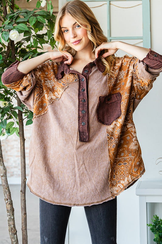 Oli & Hali Washed Fabric Mixed Long Sleeve Top