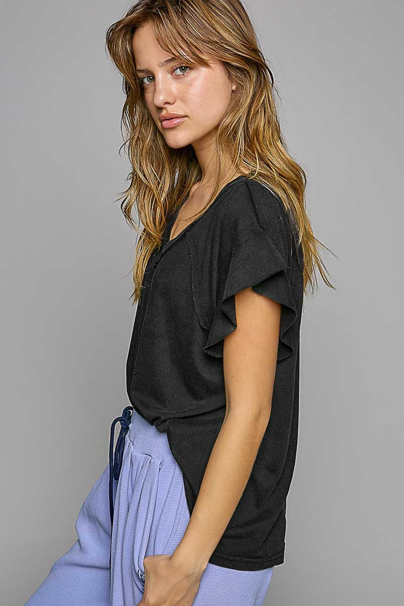 POL Ruffle Short Sleeve Solid Basic V Neck Cotton Top