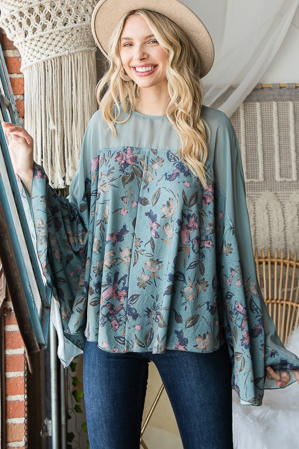 Oli & Hali Floral Print Solid Contrast Bell Sleeves Detail Fl Top