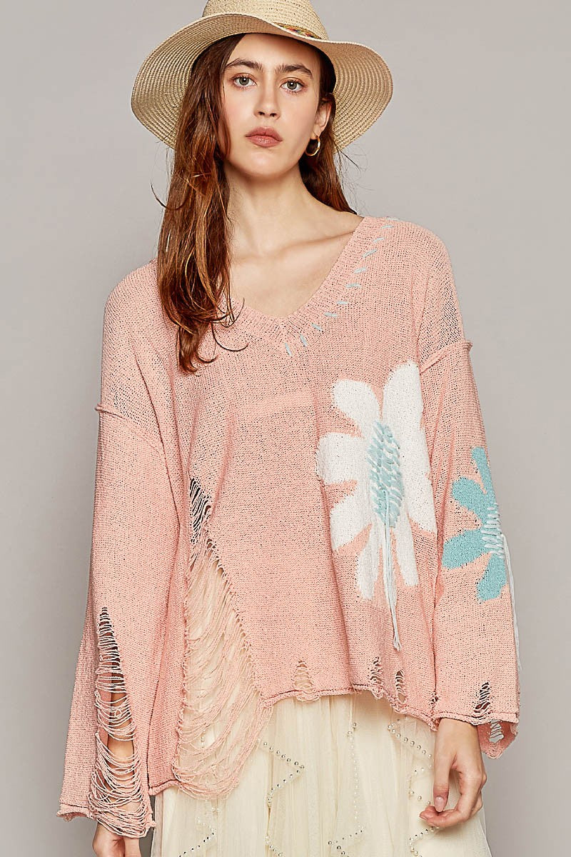 POL V-Neck Long Sleeve Flower Distressed Solid Sweater Top