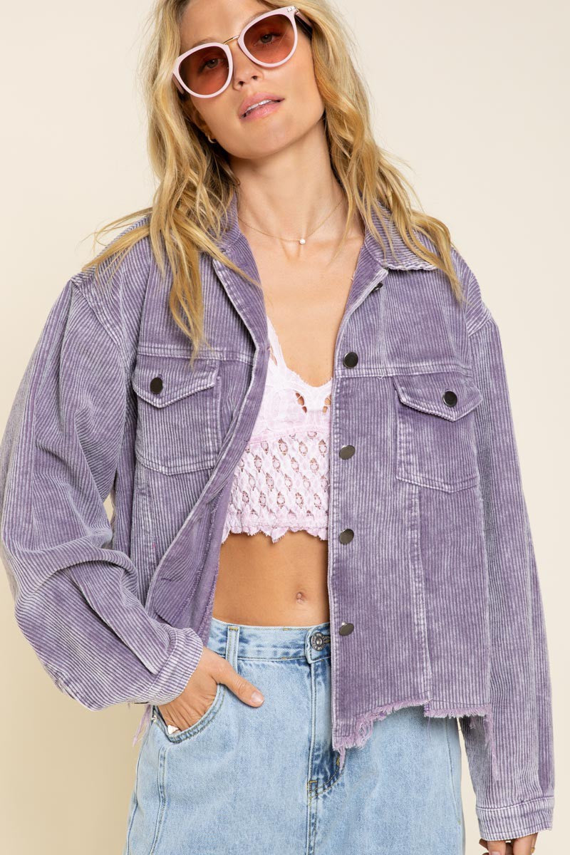 POL Button Down Distressed Hem Corduroy Jacket
