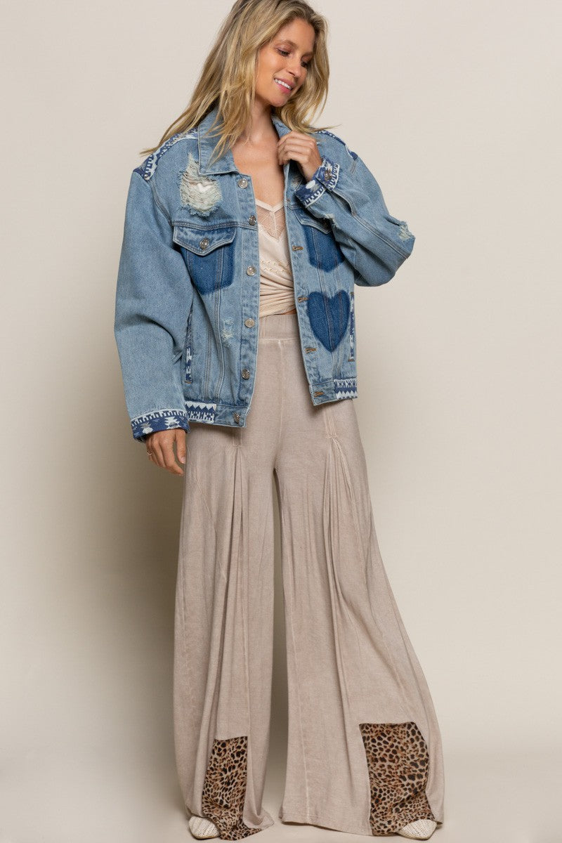 POL Wrist Band Scratched Pockets Shading Denim Jacket