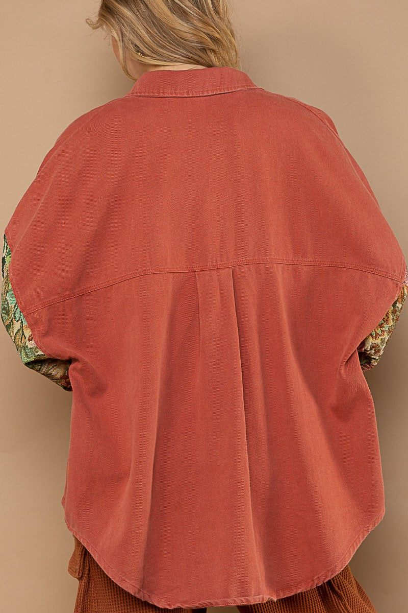 POL Contrast Jacquard Sleeve Button Down Relaxed Fit Shacket Jacket - Roulhac Fashion Boutique