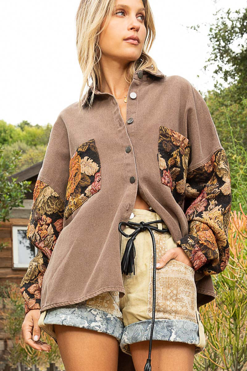 POL Contrast Jacquard Sleeve Button Down Relaxed Fit Shacket Jacket