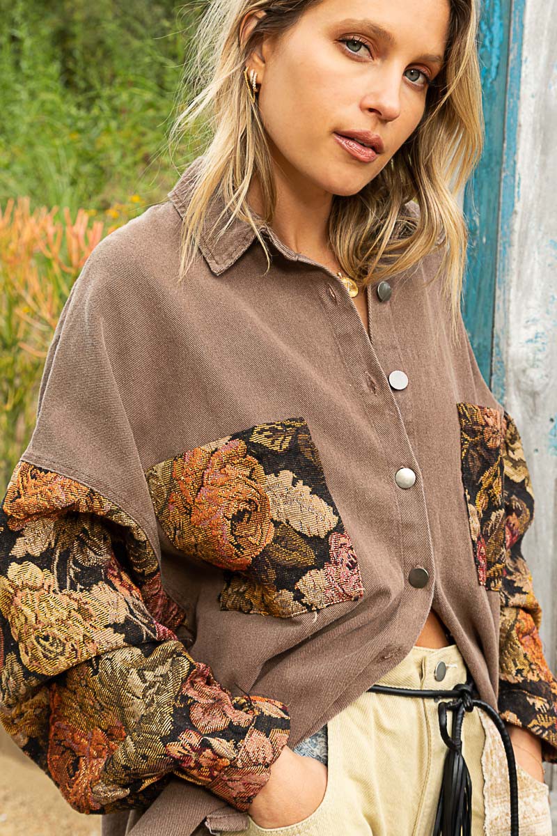 POL Contrast Jacquard Sleeve Button Down Relaxed Fit Shacket Jacket