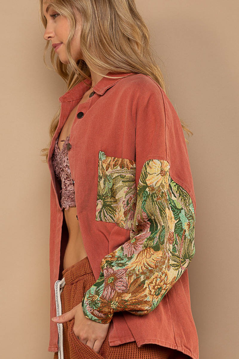 POL Contrast Jacquard Sleeve Button Down Relaxed Fit Shacket Jacket - Roulhac Fashion Boutique