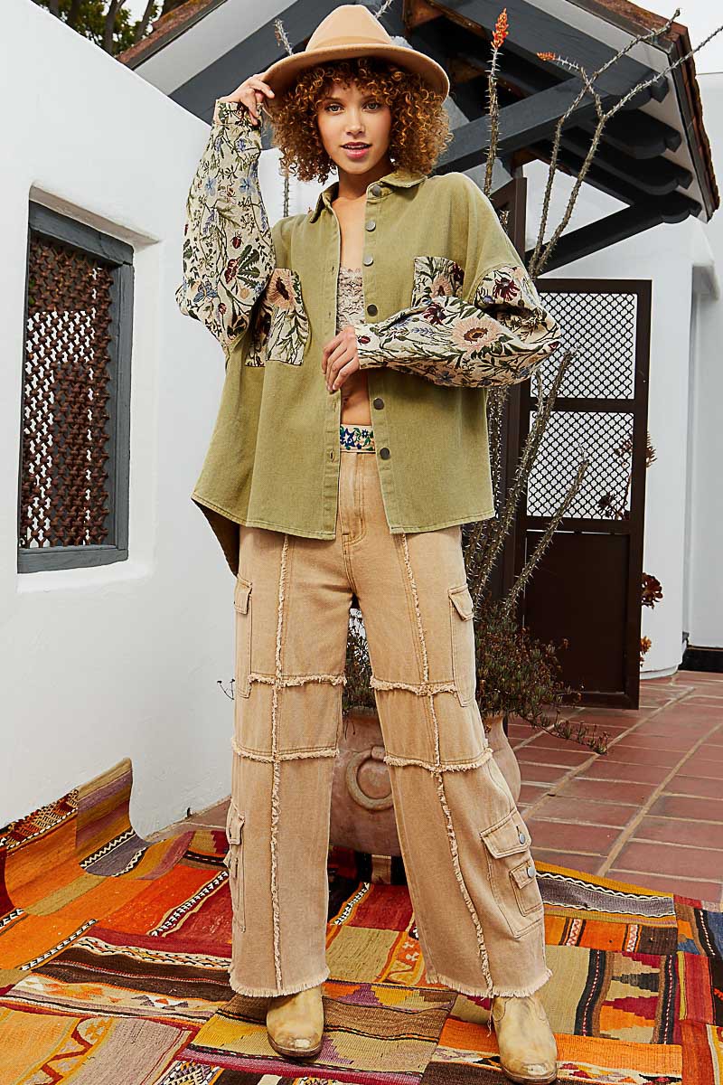 POL Contrast Jacquard Sleeve Button Down Relaxed Fit Shacket Jacket - Roulhac Fashion Boutique