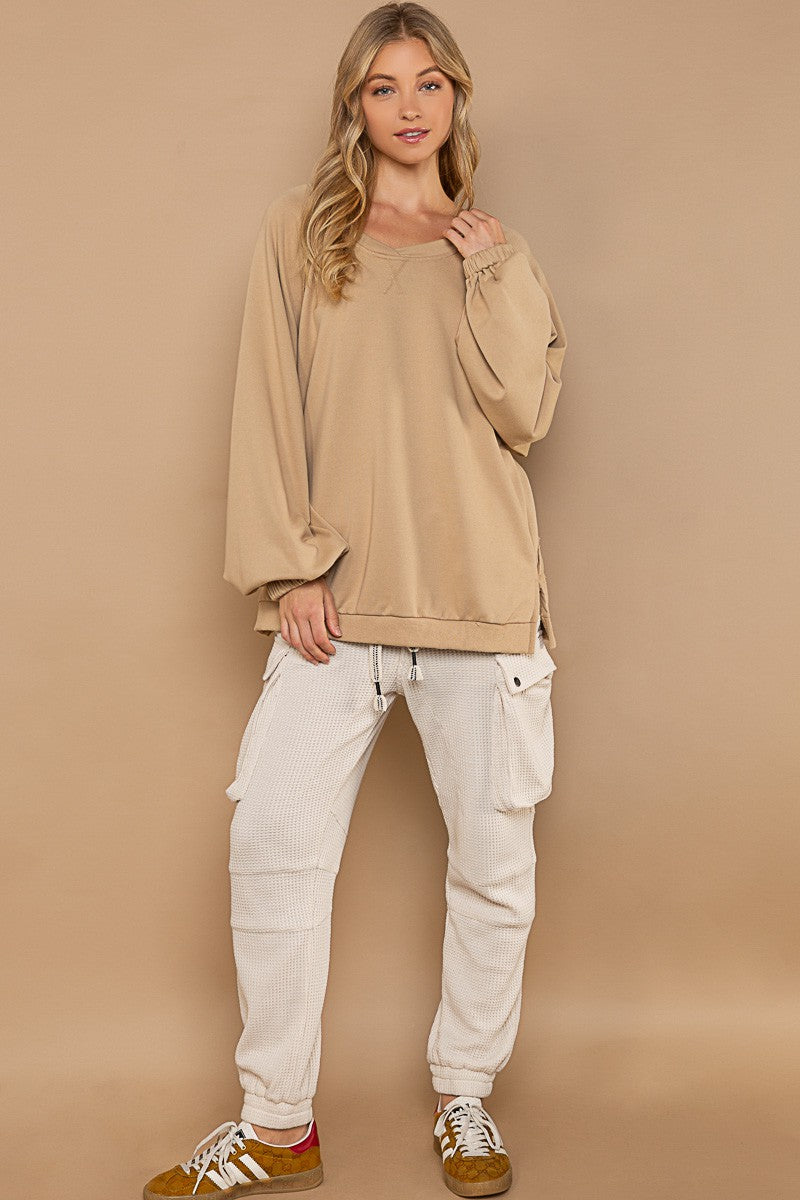 POL Back Cross Strap Details Balloon Sleeve Sweatshirt Top