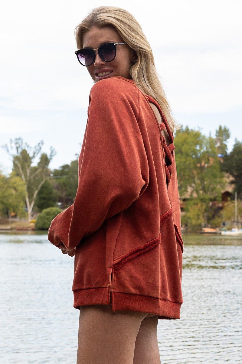 POL Back Cross Strap Details Balloon Sleeve Sweatshirt Top