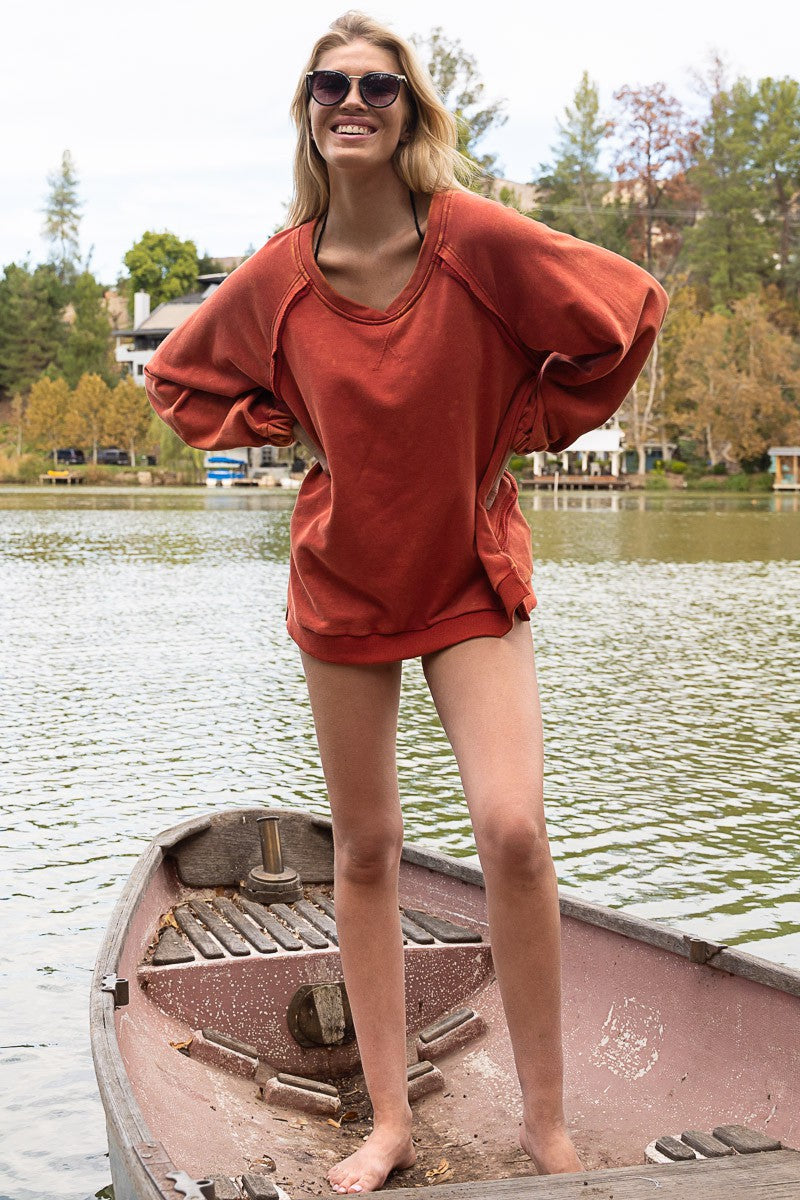 POL Back Cross Strap Details Balloon Sleeve Sweatshirt Top